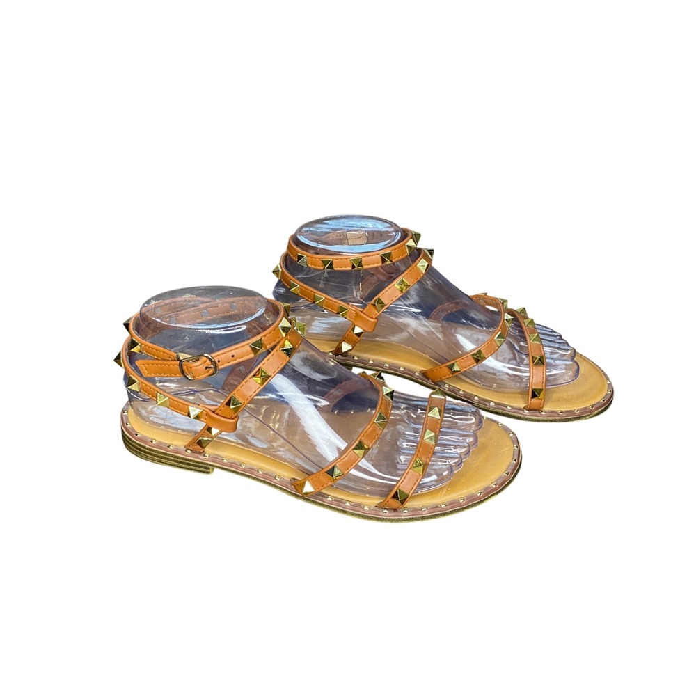 Madden Girl Studded Gladiator Sandals Strappy Ankle Wrap Tan Brown Size 7.5